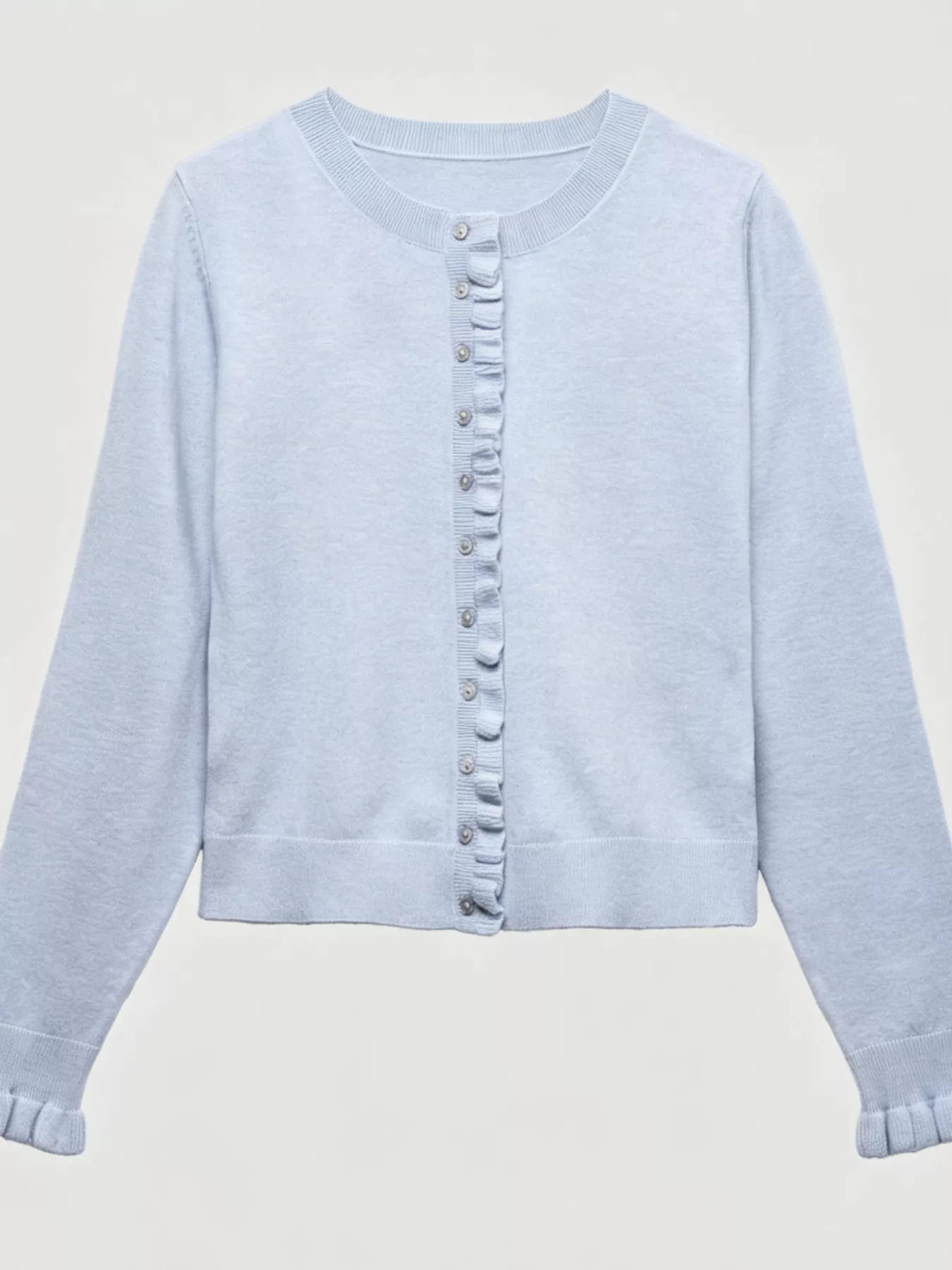 Flat lay of light blue ruffle trimmed button down cardigan with ruffled placket and cuffs