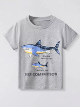 Light gray children's short sleeve T-shirt laid flat with a large megalodon and smaller great white shark