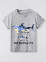 Light gray children's short sleeve T-shirt laid flat with a large megalodon and smaller great white shark