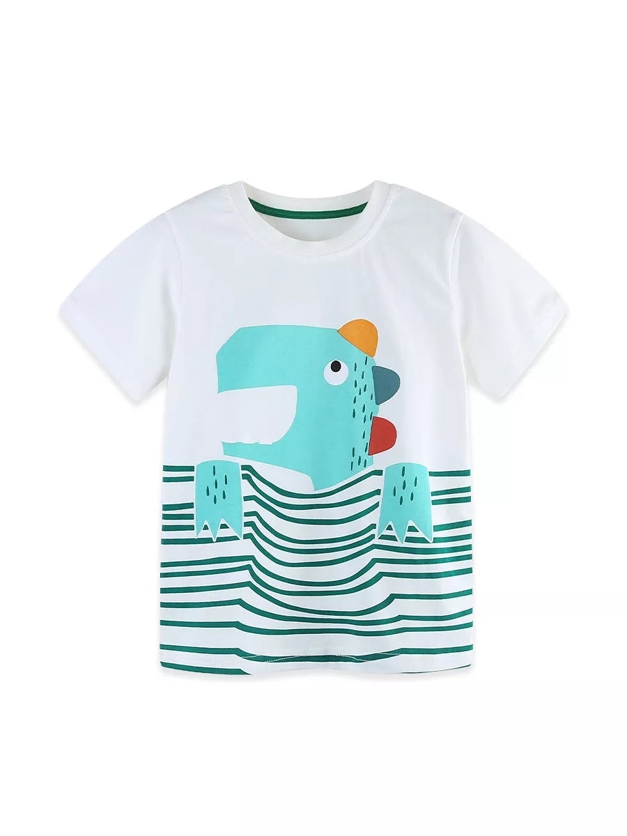 Flat lay front view of white children's short sleeve t-shirt with dinosaur head above wavy green stripes
