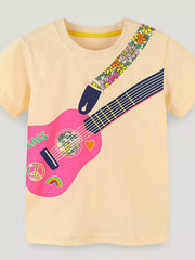 Flat front view of a cream children's tee with a large pink guitar and floral strap print
