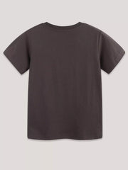 Back view of plain chocolate children's short sleeve t-shirt laid flat with no print