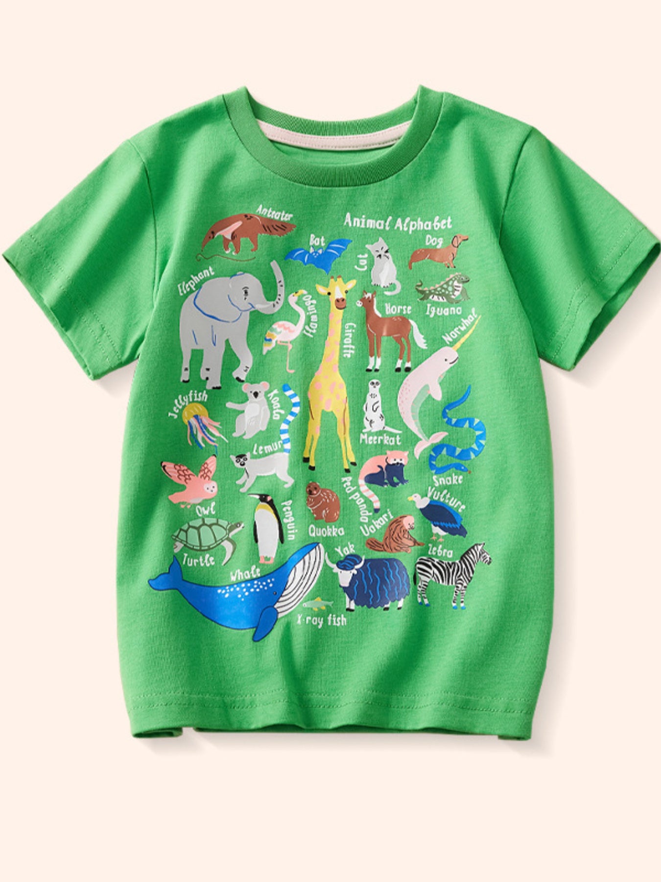 Flat lay front view of a children's green t-shirt with a labeled animal alphabet print including giraffe and elephant