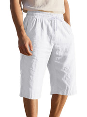 Men's casual shorts with a drawstring waist and pockets in the white color.
