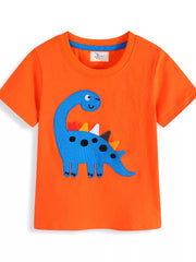 Flat front view of an orange children's short sleeve tee with a blue dinosaur applique