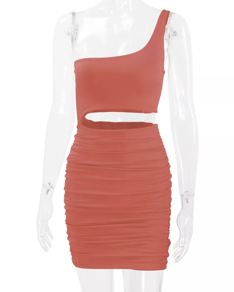 Orange powder one shoulder cutout ruched bodycon mini dress on a clear mannequin front view