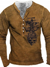 Men's long-sleeve T-shirt featuring a vintage pirate ship and skull print.