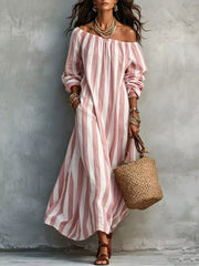 Pink and white striped off shoulder dress with long sleeves and side pockets