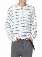 Men's striped Henley T-shirt with button detailing at the neckline.