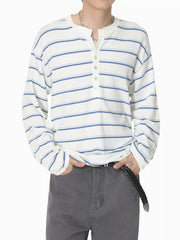 Men's striped Henley T-shirt with button detailing at the neckline.