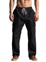 Men's black relaxed-fit cargo pants with a drawstring waist and pockets.