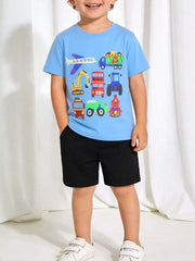 Children's sky blue crew-neck T-shirt with a cartoon vehicle graphic and short sleeves.