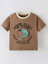 Caramel children's short sleeve t-shirt with circular fishing fish graphic and cream neckline, front flat view