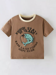 Caramel children's short sleeve t-shirt with circular fishing fish graphic and cream neckline, front flat view