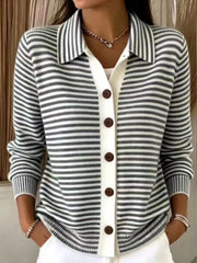 On-model front view of a black and white striped button-down knit cardigan with a collar