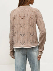 Back view of the khaki hollow out knit cardigan with leaf pattern