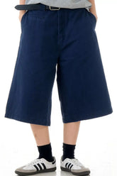 Men's navy blue wide-leg casual shorts with pockets.