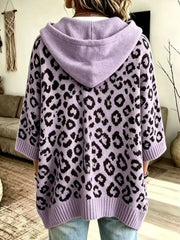 Back view of lavender leopard print oversized hooded knit sweater with solid lavender hood
