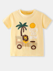Pastel yellow children's short sleeve T-shirt with lion, palm tree and sun graphics, laid flat in front view