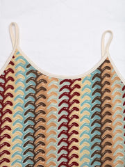 Flat close view of khaki striped scoop neckline and straps of midi dress