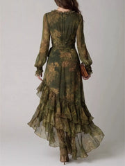 Back view of army green floral wrap maxi dress showing zip closure and ruffled neckline
