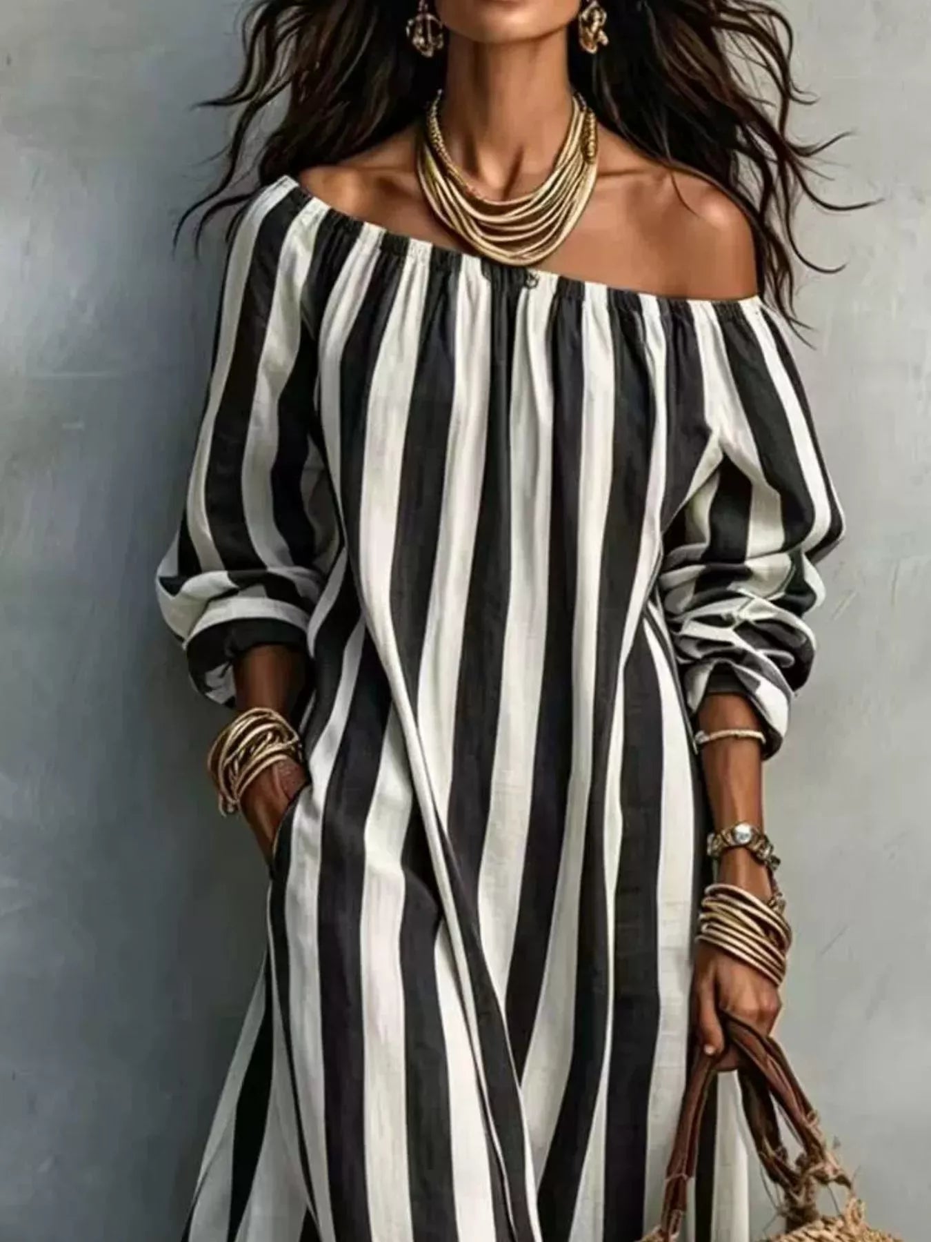Close view of black and white striped off shoulder dress bodice and sleeves