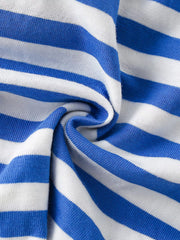 Close up of the blue and white striped cotton fabric on a children's short sleeve tee