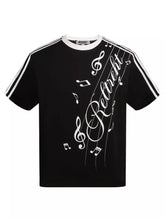 Men's T-shirt featuring contrast stripes and a music-inspired print.