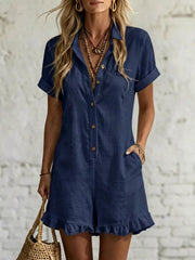 Women's button-front romper with a ruffled hem and pockets.