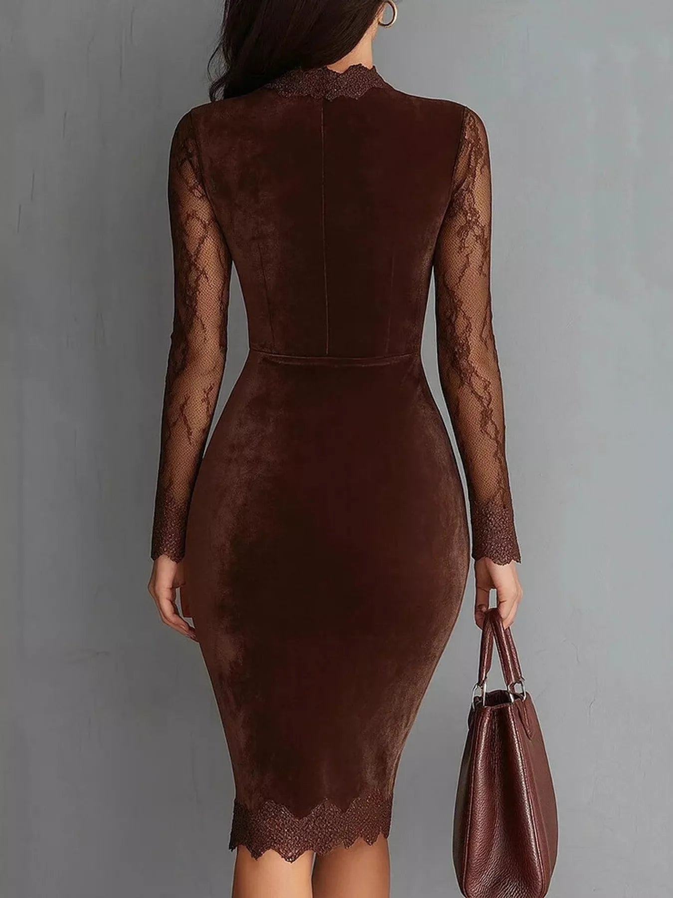 Back view of a coffee long sleeve velvet lace bodycon dress with a lace hem