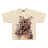 Abstract Scribble-Art Graphic Tee with Cat Print