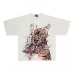 Abstract Scribble-Art Graphic Tee with Cat Print