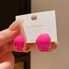Adorable Small Hot Pink Enamel Hollowed Hoop Earrings