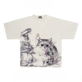 Avant-Garde Graphic Tee with Scribble-Art Cat Print