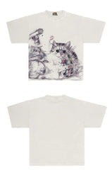 Avant-Garde Graphic Tee with Scribble-Art Cat Print