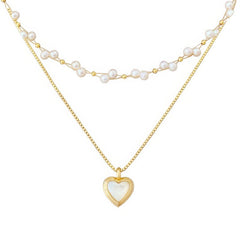 Bohemian Pearl Layered Necklace with Mother-of-Pearl Heart Charm