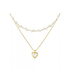 Bohemian Pearl Layered Necklace with Mother-of-Pearl Heart Charm