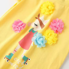 Bright Yellow Short Sleeve T-Shirt for Girls with Whimsical Cat on Roller Skates