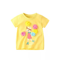 Bright Yellow Short Sleeve T-Shirt for Girls with Whimsical Cat on Roller Skates