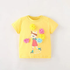 Bright Yellow Short Sleeve T-Shirt for Girls with Whimsical Cat on Roller Skates