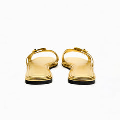 Brown Leather Metal Big Toe Ring Flat Sandals