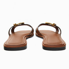 Brown Leather Metal Big Toe Ring Flat Sandals