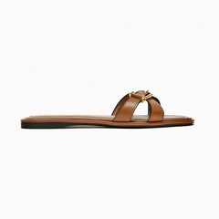 Brown Leather Metal Big Toe Ring Flat Sandals
