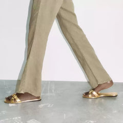 Brown Leather Metal Big Toe Ring Flat Sandals