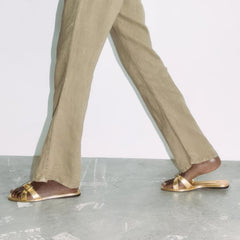 Brown Leather Metal Big Toe Ring Flat Sandals