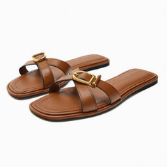 Brown Leather Metal Big Toe Ring Flat Sandals
