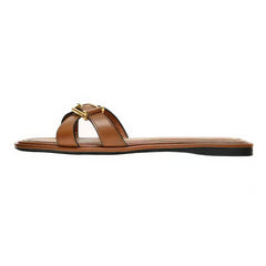 Brown Leather Metal Big Toe Ring Flat Sandals