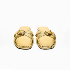 Brown Leather Metal Big Toe Ring Flat Sandals