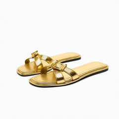 Brown Leather Metal Big Toe Ring Flat Sandals
