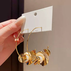 Chic Gold Tone Hoop Earrings with Faux Pearls and Abstract Metal Flowers